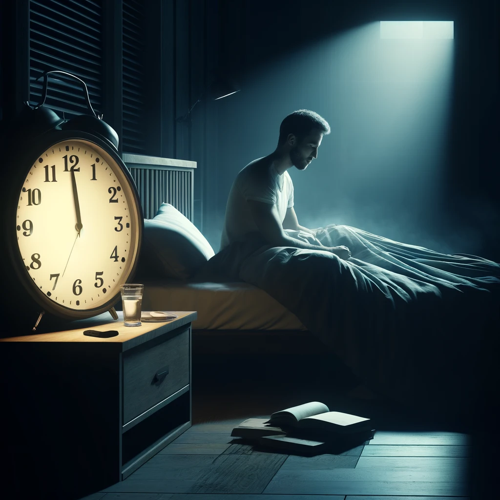 DALL·E 2024-04-08 16.04.36 - Create an image that visually represents insomnia. The scene should depict a dimly lit bedroom at night, where a person is sitting up in bed, looking » Poradnia Psycho-Neurologiczna - Warszawa