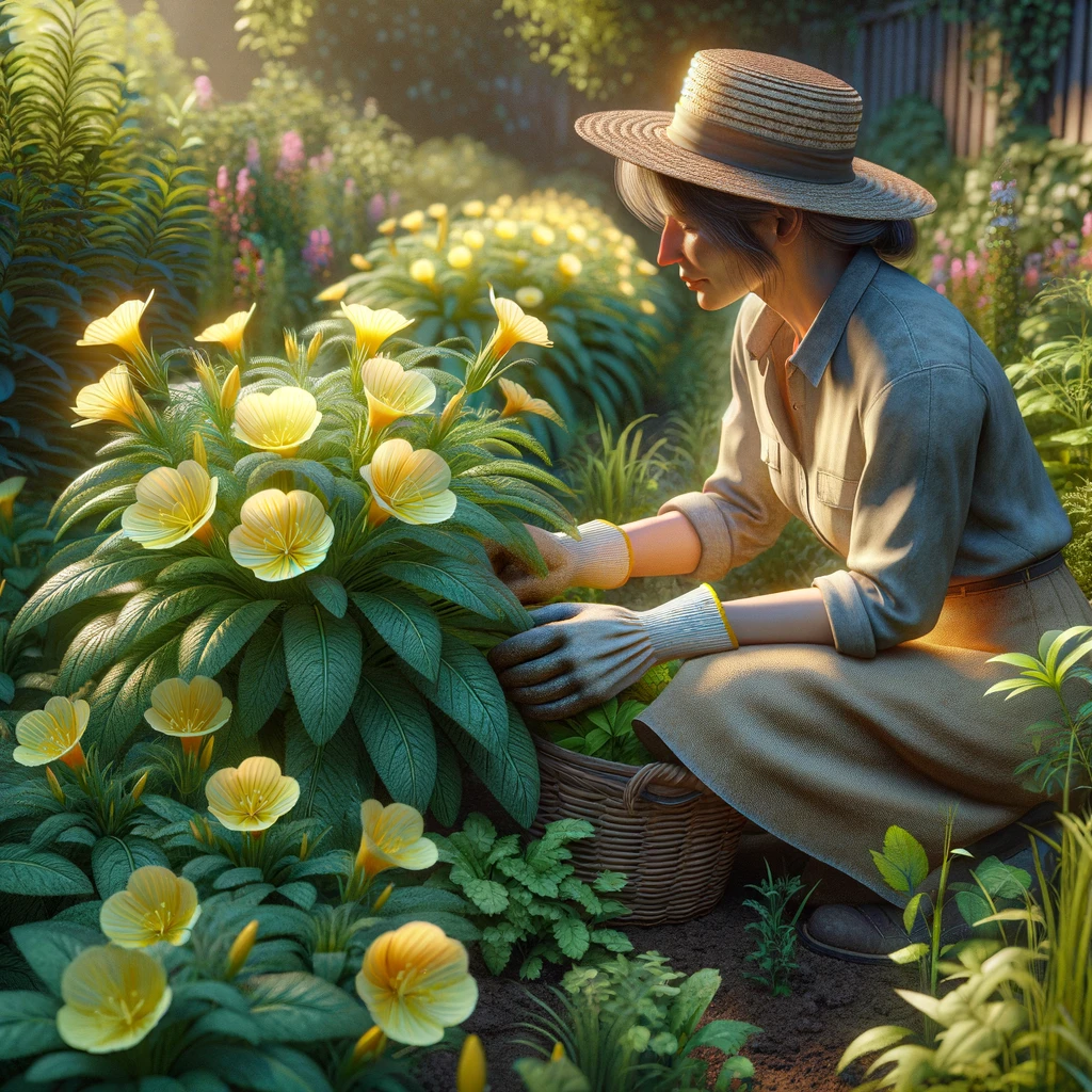DALL·E 2024-05-07 15.34.01 - A realistic scene in a garden where a person is tending to evening primrose (Oenothera biennis) plants. The person, a middle-aged Caucasian woman, is » Poradnia Psycho-Neurologiczna - Warszawa