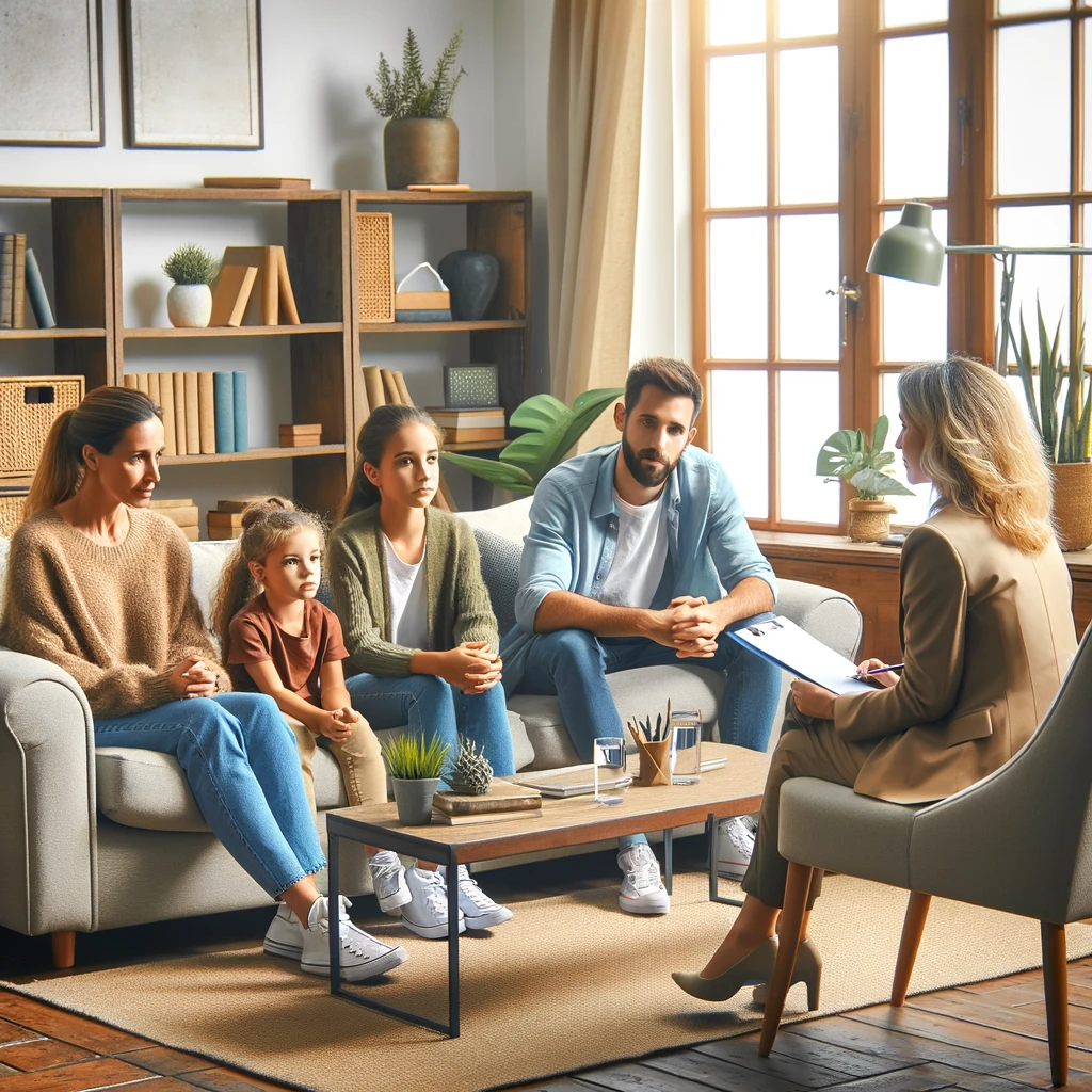 DALL·E 2024-05-31 15.45.04 - A family therapy session showing a mother, father, and two children sitting with a female psychologist. The scene takes place in a comfortable, well-l » Poradnia Psycho-Neurologiczna - Warszawa