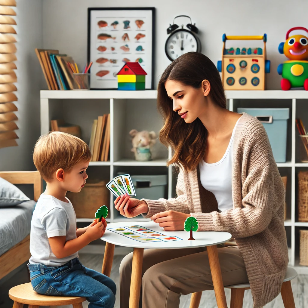 DALL·E 2024-11-14 02.27.37 - A realistic-style image of a speech therapist working with a young child in a cozy, well-lit therapy room. The therapist, a friendly adult, sits at a » Poradnia Psycho-Neurologiczna - Warszawa