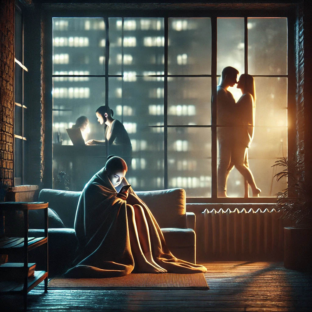 DALL·E 2025-02-03 15.12.24 - A realistic image representing the contrast between intimacy and loneliness. The scene shows a dimly lit urban apartment at night, where a person sits » Poradnia Psycho-Neurologiczna - Warszawa